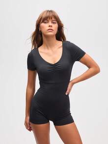 Eassivo Women's Sleek Black V-Neck Bodysuit With Ruching Detai,Yoga And Running Jumpsuit