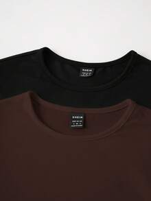 SHEIN BASICS 2件組/套 女款休閒素色針織圓領長袖連身衣 夏季女裝穿搭 - 棕色 - 查看 3