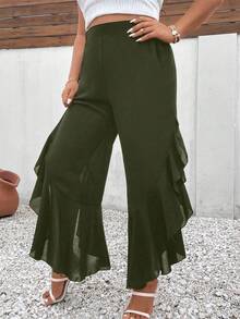 Elenzga Plus Size Ruffle Hem Chiffon Wide Leg Pants - Army Green - View 6