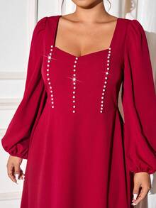 Cravure Christmas Plus Size Women Elegant Pearl Decor Square Neck Textured Woven Maxi Dress,Red Autumn Satin Wedding Color Block Fabric Patchwork Fall Cloth - Burgundy - View 6