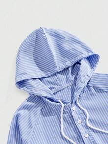 ROMWE MEN Prep 男式条纹学院风插肩袖纽扣半开襟抽绳连帽衫，秋季 - 彩色 - 查看 3