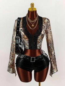 Amplova 性感豹纹亮片蕾丝前短款女式上衣