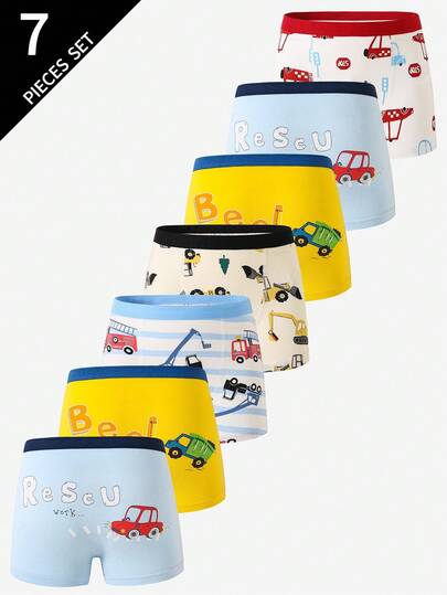 7pcs Boys Cotton Comfortable Cartoon Excavator Print Briefs Fall Winter