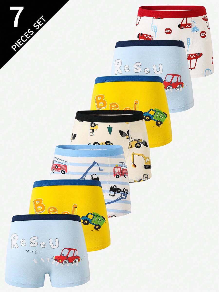 7pcs Boys Cotton Comfortable Cartoon Excavator Print Briefs Fall Winter - Multicolor - View 1