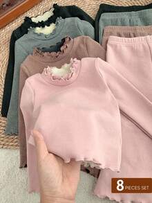 LMoss Kids 8件套女婴针织波浪领T恤和裤子套装 - 彩色 - 查看 1