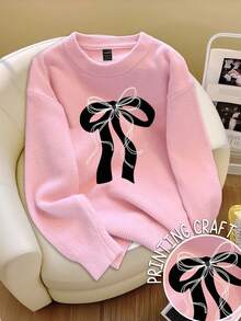 Resyla Women's Bow Pattern Long Sleeve Crew Neck Sweater