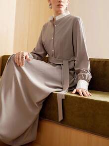 Uhlyne Color Block Splice Casual French Effortless Style Minimalist Long Dress, Loose Tie Waist High-End OL Commuter Shirt Style Long Sleeve Dress For Women - Khaki - View 6