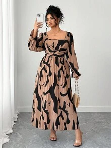 Elenzga 大码女式方领长袖褶皱连衣裙，适合外出和聚会 - 彩色 - 查看 1