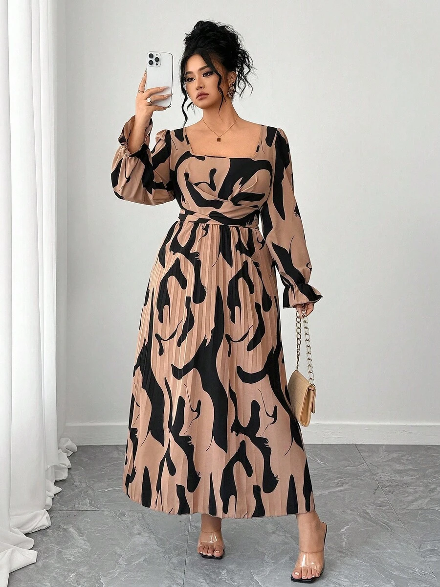 Elenzga 大码女式方领长袖褶皱连衣裙，适合外出和聚会 - 彩色 - 查看 1