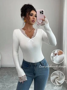 Elenzga Women's Casual Lace V-Neck Knit Sweater, Elegant & Versatile, Suitable For Autumn/Winter Outings, Dates, Work, School, Holidays Like Independence Day, Labor Day, Columbus Day, Thanksgiving, Valentine's Day, Vintage, Scandinavian, Korean Style - Beige - View 1