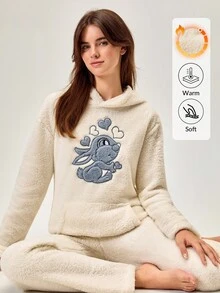 Loomlin Set Bunny Bliss Dream – Pijamale ultra moi și pufoase în culoarea cremului de vanilie, drăgălășenie de culcare și moliciune divină, material Sherpa ultra pufos, croială lejeră și talie elastică pentru confort pe tot parcursul nopții, hanorac supradimensionat cu buzunar frontal tip marsupiu