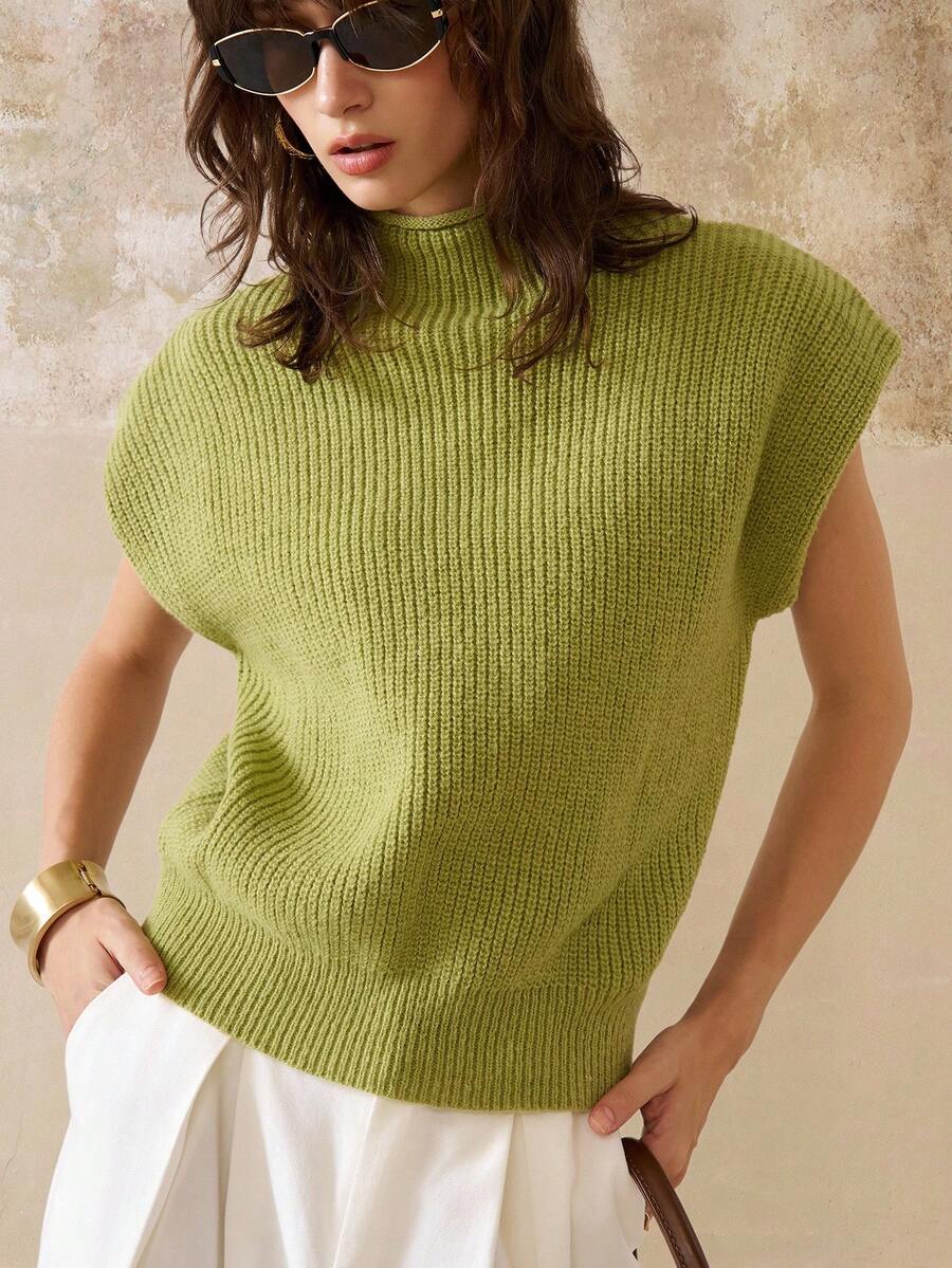 INAWLY Women's Solid Color Turtleneck Ribbed Knit Elegant Sleeveless Sweater - Olive Green - View 1