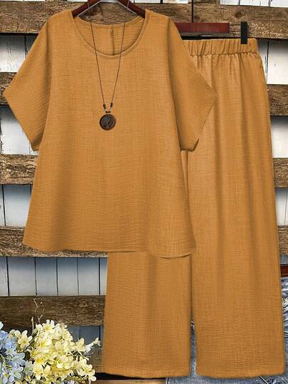 EMERY ROSE Simple Casual Solid Color Short Sleeve T-Shirt And Wide Leg Pants, Suitable For Daily Wear, Yellow Outfit, Linen 2pcs/Set,Summer Women Outfit,Beach Women Outfits