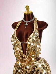 Amplova Conjunto de 2 peças plus size feminino, cor sólida, com decote drapeado e minissaia justa, sexy e moderno - Ouro - Ver 7