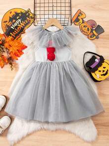 女孩万圣节网眼针织小丑无袖连衣裙 - 白色 - 查看 2