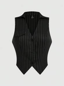 Lyrianda 2 件大码女式条纹翻领单排扣背心和宽松长裤休闲西装，高腰 - 黑與白 - 查看 3