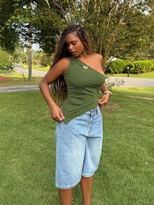 Tyla Gomez Valentine's Day Burgundy Red Twist One Shoulder Top Elegant Slim Top For Women - Army Green - View 4