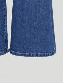 青少年女孩 Y2K 风格牛仔裤，做旧蓝色水洗，弹性紧身喇叭腿休闲裤，适合日常穿着 - 中等水洗藍 - 查看 4