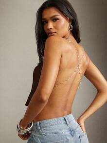 Denimoi Atasan Wanita Polos Seksi Model Crop dengan Hiasan Rantai dan Tali Bahu Tipis - Coklat - View 4