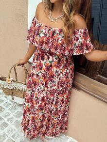 Flirla 浪漫假期雪纺褶饰喇叭短袖长裙 - 白色 - 查看 3