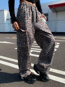 DAZY Women's Leopard Print Elastic Waist Drawstring Casual Loose Cargo Pants - Brown - View 6