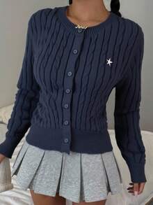 Teen Girls Royal Blue Casual Solid Color Round Neck Long Sleeve Loose Cropped Cardigan Sweater, Warm Comfort, Cozy Chic, Daily Commute,Suitable For Autumn And Winter Blue Sweater Navy Blue Sweater Cable Knit Cardigan Star Cardigan Navy Blue Cardigan Blue Cardigan Sweater Women Navy Cardigan Navy Blue Button Cardigan Sweaters For Teen Girl Sweater Cardigan Fall