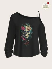 SHEIN LUNE Casual Minimalist Halloween Punk Street Style Skull & Rose Graphic Dropped Shoulder Long Sleeve T-Shirt For Women, Suitable For Autumn/Winter,Halloween Shirt