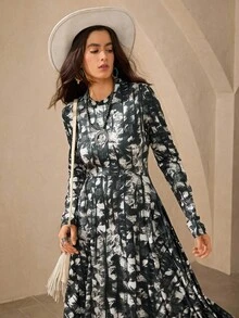 Wildy Women's Dark Green Geometric Print Long Sleeve Maxi Dress,Autumn Boho Asymmetric Hem Bodycon Dress,Casual Fashion Vacation Holiday Street Style - Beige - View 4