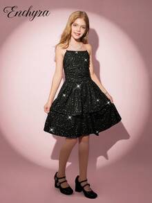 褶皱无袖迷你连衣裙，全新夏季设计，亮片和荷叶边下摆，无肩带 - 黑色 - 查看 6