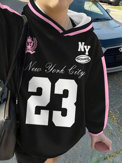 Áo thun bóng rổ phong cách retro dành cho nữ tuổi teen, màu đen và hồng kiểu Y2K "New York", số 23 với họa tiết sọc tương phản, chất liệu dày dặn, mềm mại, thoải mái, phù hợp cho mùa thu/đông, mặc thường ngày, đi học, phong cách mùa thu sành điệu.