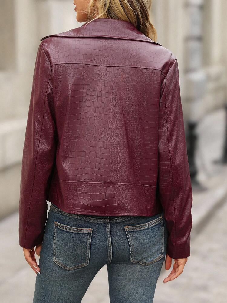 Women's Solid Color PU Leather Long Sleeve Zipper Collar Casual Motorcycle Jacket Fall Clothes For Women Women Burgundy Leather Jacket Red Leather Jacket Women Women Moto Jacket Faux Crocodile Leather Jacket