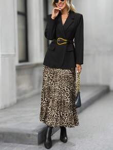 EMERY ROSE Women's Solid Color Belted Jacket, Leopard Print Pleated Skirt Suit Blazer Skirt Set Blazer Set Women Leopard Skirt Suit Fall Clothes For Women Cheetah Print Skirt Cheetah Skirt Outfit Going Out Outfit Chic Women's Set Office Outfits For Women