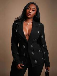 Radiana 大码女式秋冬、春夏优雅水钻装饰西装外套，适合高街风格、情人节、复古、音乐节、音乐会 - 黑色 - 查看 1