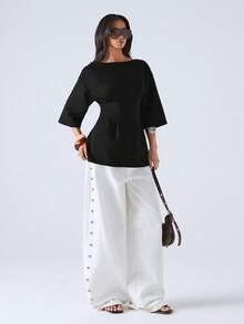 LYSMO 2025 Autumn New Arrival Black Solid Color Round Neck Drop Shoulder Sleeve Cinched Waist Casual Mid-Sleeve T-Shirt. Made Of High Grammage Textured Fabric, Simple And Casual, Suitable For Work And Daily Wear. Black Boat Neck Top Women Black Top Business Casual Top 3/4 Sleeve Top Boat Neck Work Top,Black Tops - Black - View 7