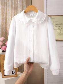 女孩甜美优雅可爱彼得潘领长袖衬衫，简单百搭纯色纽扣开衫上衣，适合日常休闲穿着 - 白色 - 查看 1