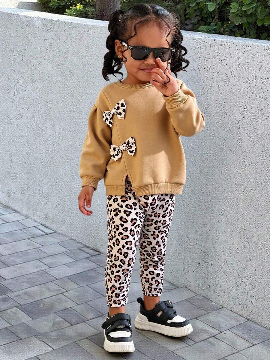2pcs Baby Girl Casual Comfortable Versatile Leopard Print Bow Crew Neck Fleece Thick Sweatshirt And Leopard Print Leggings Tracksuit Set Fall Winter - Khaki - View 1