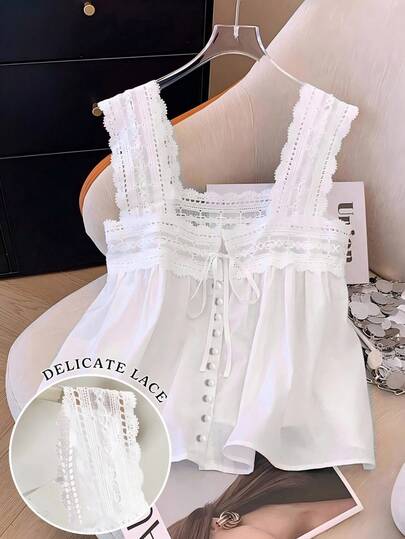 Resyla Women's Summer Casual Solid Color Lace Patchwork Sleeveless Blouse