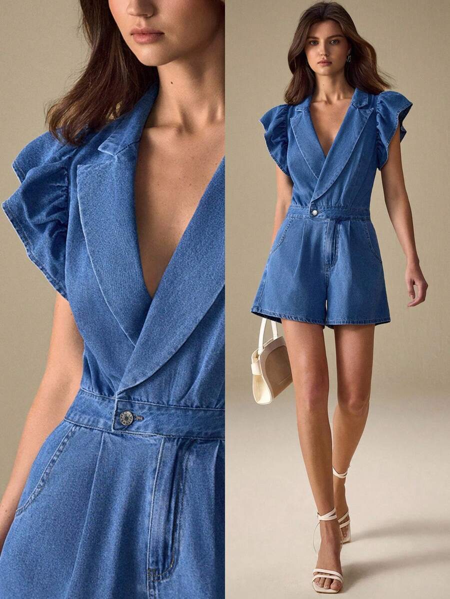 Selenza 休闲荷叶边袖女式牛仔连体裤,适合日常穿着 - 中等水洗藍 - 查看 1