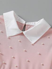 SHEIN 年轻女孩两件套：珍珠装饰修身长袖衬衫 + 修身喇叭裤，春秋季休闲装 - 粉色 - 查看 6