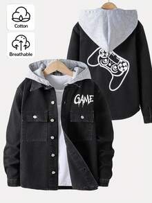 青少年男孩牛仔夹克和外套，休闲百搭街头风夹克，带可拆卸兜帽，四季必备衣橱单品 - 黑色 - 查看 1