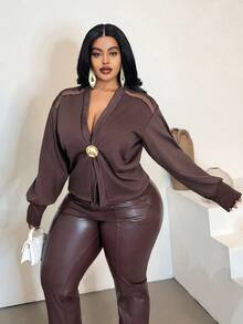 Maweii Plus Size Jacket Cardigan Thin Windbreaker, Detachable Metal Button Decor, Loose Streetwear Casual Everyday Commute Long Sleeve Coat, Autumn/Winter - Brown - View 5