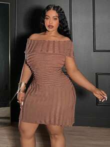 Veslaya 2025 秋冬新款休闲通勤优雅浪漫派对日常聚会办公室装，Office Siren，Easywear 优雅通勤连衣裙，手工纹理针织纯棕色露肩短款修身连衣裙，适合大码女士 - 棕色 - 查看 6