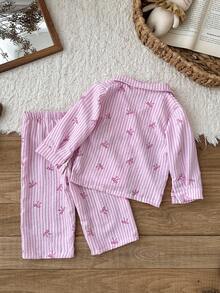 SHEIN 女婴幼儿新生儿0-3岁秋冬条纹蝴蝶结长袖衬衫休闲套装，适合居家和户外 - 粉色 - 查看 2