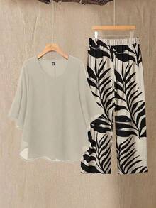 Linhara 2pcs Plus Size Women Chiffon Batwing Sleeve Set