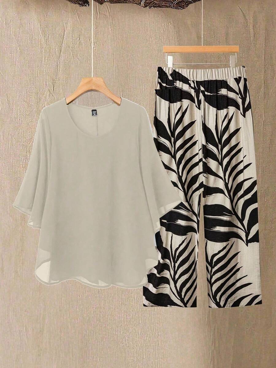 Linhara 2pcs Plus Size Women Chiffon Batwing Sleeve Set