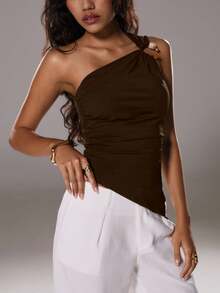 TRNVIE Women's Elegant Oblique Shoulder Decorative Button Asymmetrical Hem Black Blouse, Spring/Summer - Coffee Brown - View 7