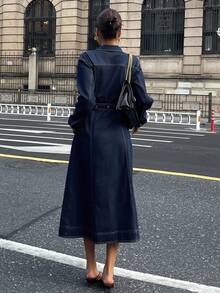 Livesso Váy denim thắt eo tay dài có cổ dành cho nữ - Màu xanh lam - Xem 2