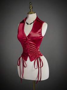 SHEIN ICON Áo ba lỗ cổ polo bó sát eo cho nữ - Đỏ - Xem 1