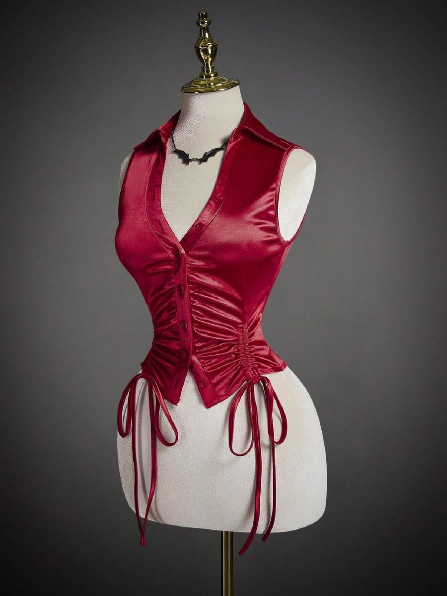 SHEIN ICON Áo ba lỗ cổ polo bó sát eo cho nữ - Đỏ - Xem 1