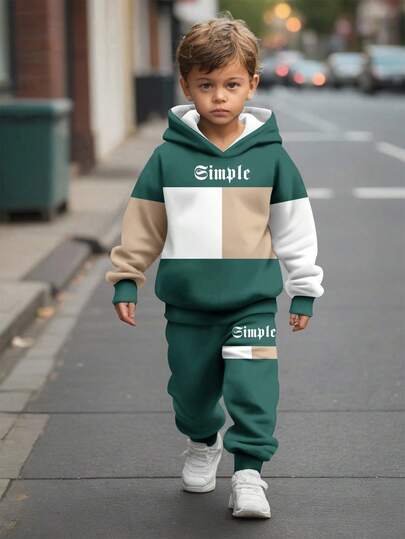 SHEIN 2pcs/Set Young Boys Casual Minimalist Loose Fit Color Block Hoodie Sweatshirt Set, Blue-Grey & Khaki Boys Green And White Outfit Boys Hoodie And Sweat Pants Track Suits For Kids Sweat Suit Kids Sweater And Jogger For Boys Fall Winter